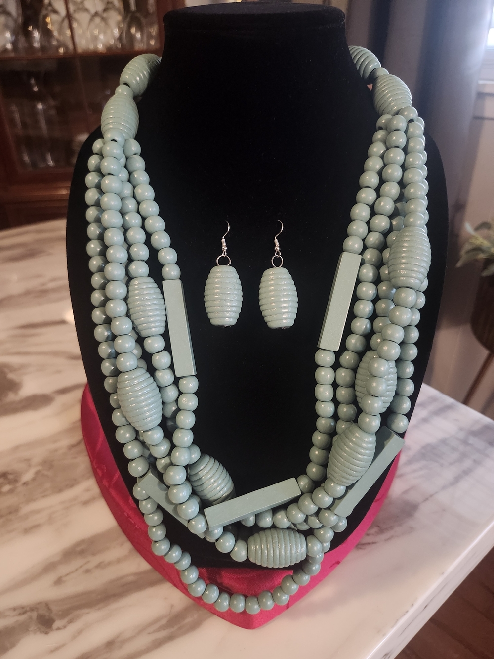 Statement Necklace Multi-Strand Light Teal Green Beaded Necklace  & Earring Set
